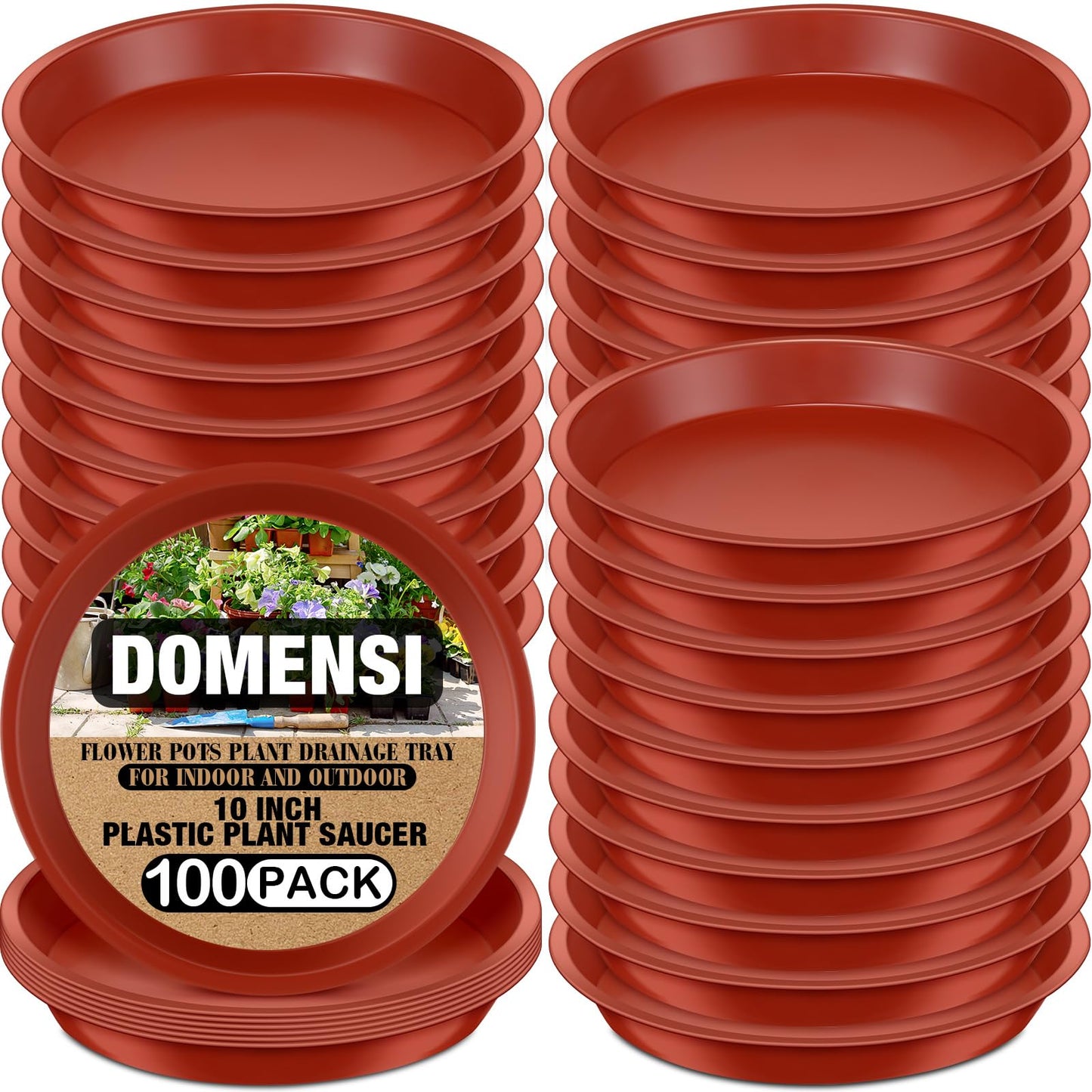 Domesni 100 Pcs Plastic Plant Saucer - Bulk Plant Trays for Indoor & Outdoor Pots - Sturdy Red Drip Trays for Flower Pots (10 Inches)
