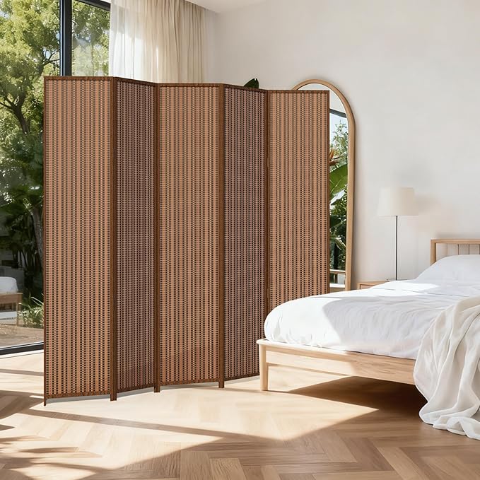 5 Panel Room Divider and Extra Wide Folding Privacy Screen, Bamboo Room Divider