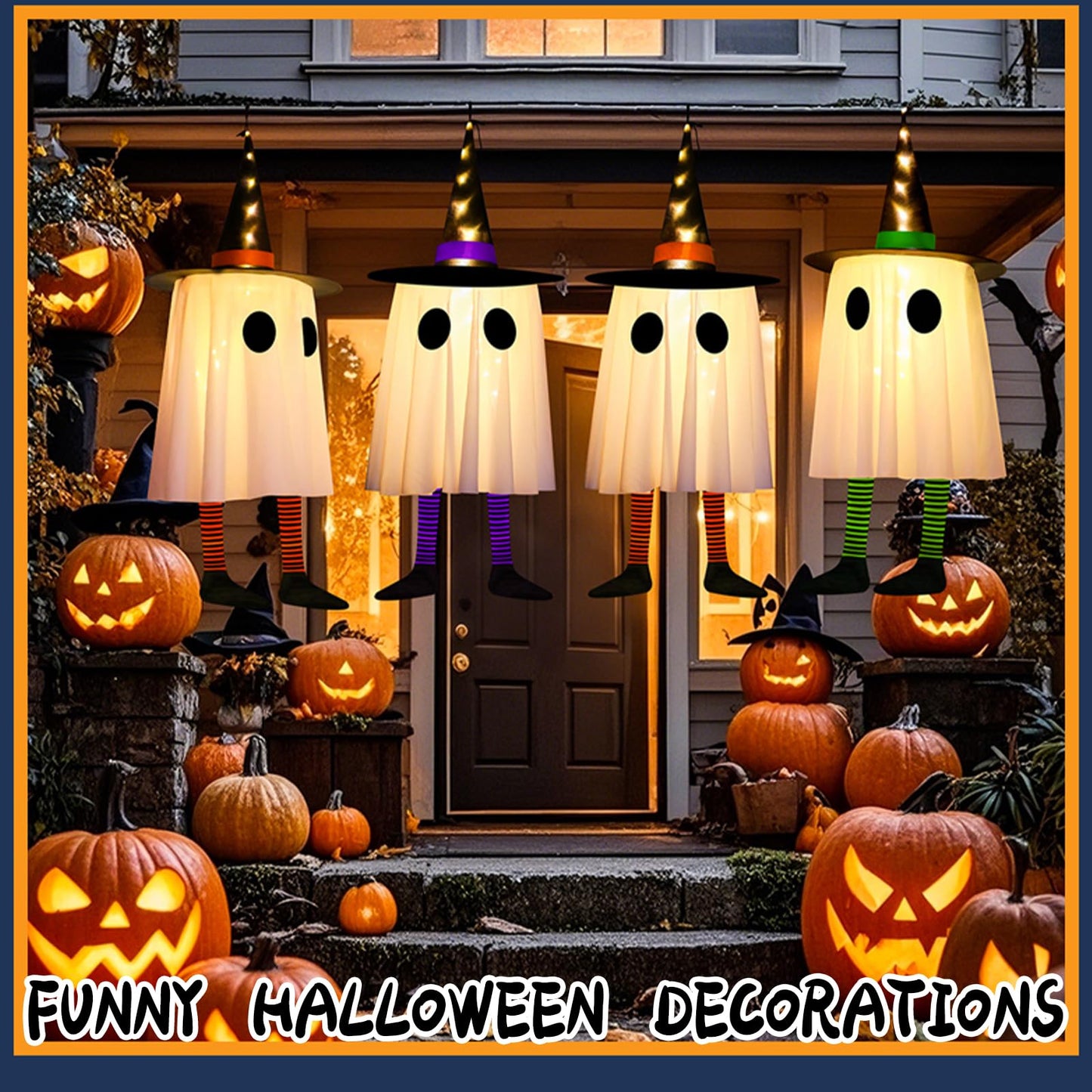 Set of 3 Halloween Hanging Ghosts, Halloween Decorations Outdoor Hanging Spooky Ghosts with Warm White LED Light, Glowing Ghost Witch Hat Lights Decor for Front Yard Lawn Garden Party Outdoor