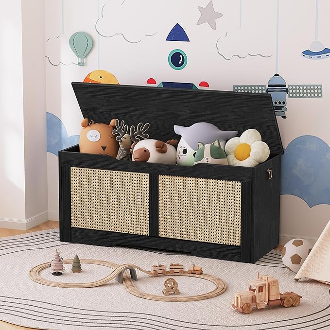HOOBRO Storage Bench, 43.3" Toy Box, Rattan-Like Storage Chest, Sturdy Entryway