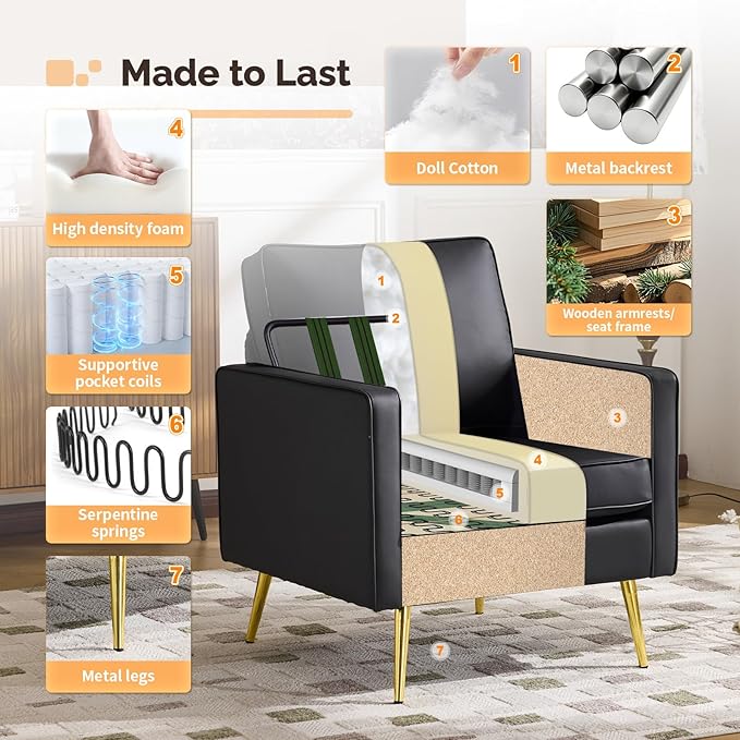 VINGLI Modern PU Leather Accent Chairs Set of 2, Single Sofa Chair