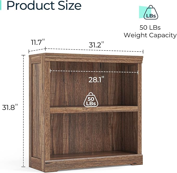 LINSY HOME 2-Tier Bookcase and Bookshelf, Small Wood Display Storage Shelves