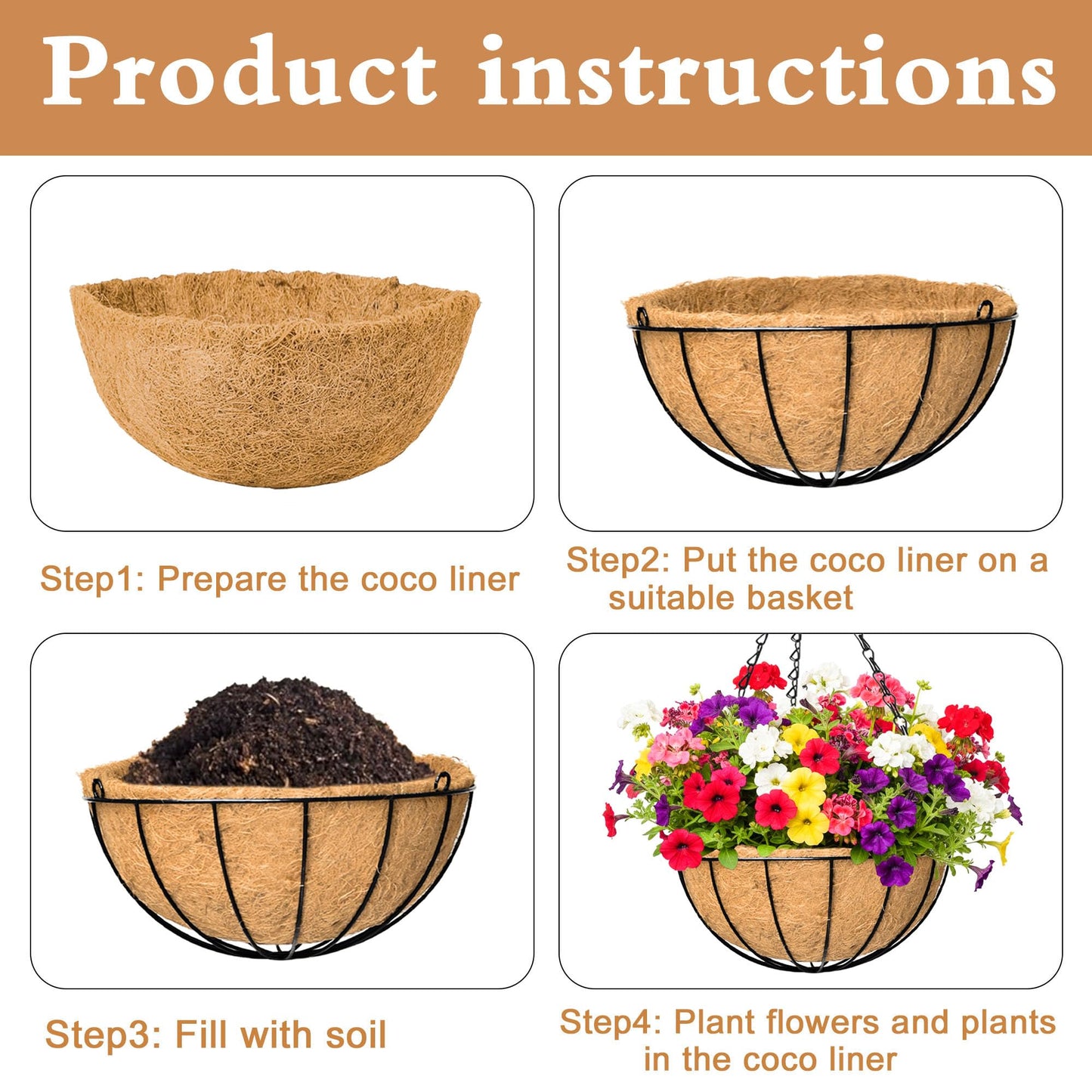 XXFBJNMD 4 Pack 12 Inch Hanging Baskets for Plants Outdoor Metal Hanging Planter Basket with Coco Coir Liner Hanging Flower Baskets Hangings Flower Pots Holder for Garden, Patio(Watermelon)