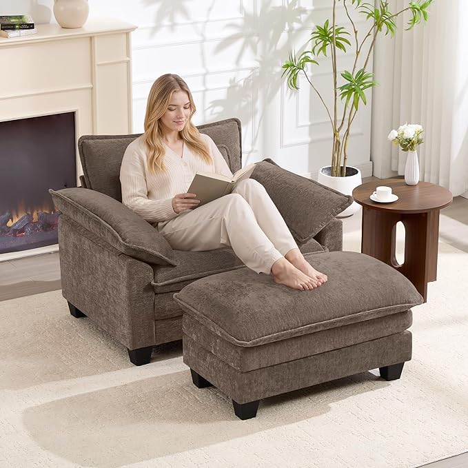 Oversized Accent Chair with Ottoman Set of 2, Upholstered Armchair with Extra