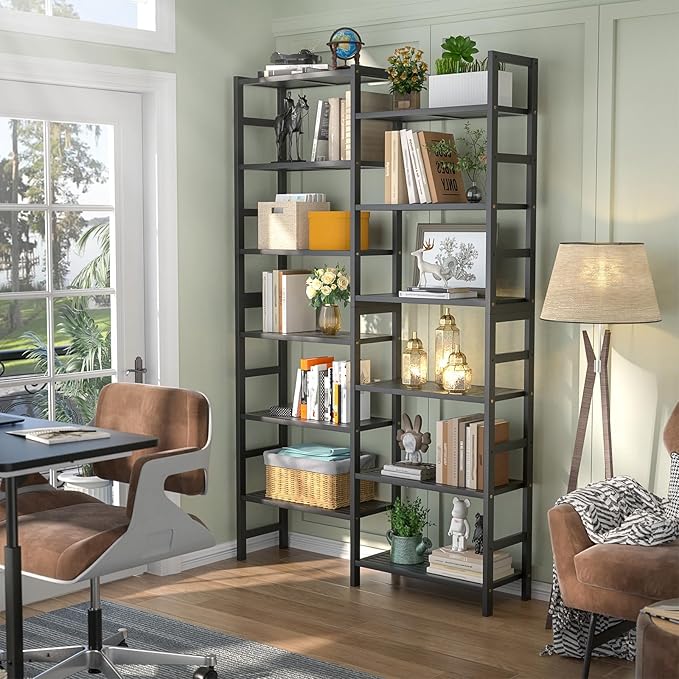 Homykic Double Wide Bamboo Bookshelf Black, 6-Tier Large Open Bookcase