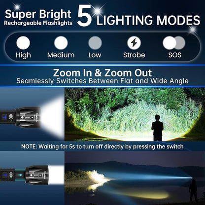 TrixHub Rechargeable Flashlights High Lumens 2Pack, 5Mode Flash Light with LCD Digital Display, Super Bright Adjustable Tactical Flashlight, High Powered LED Handheld Flashlight for Home