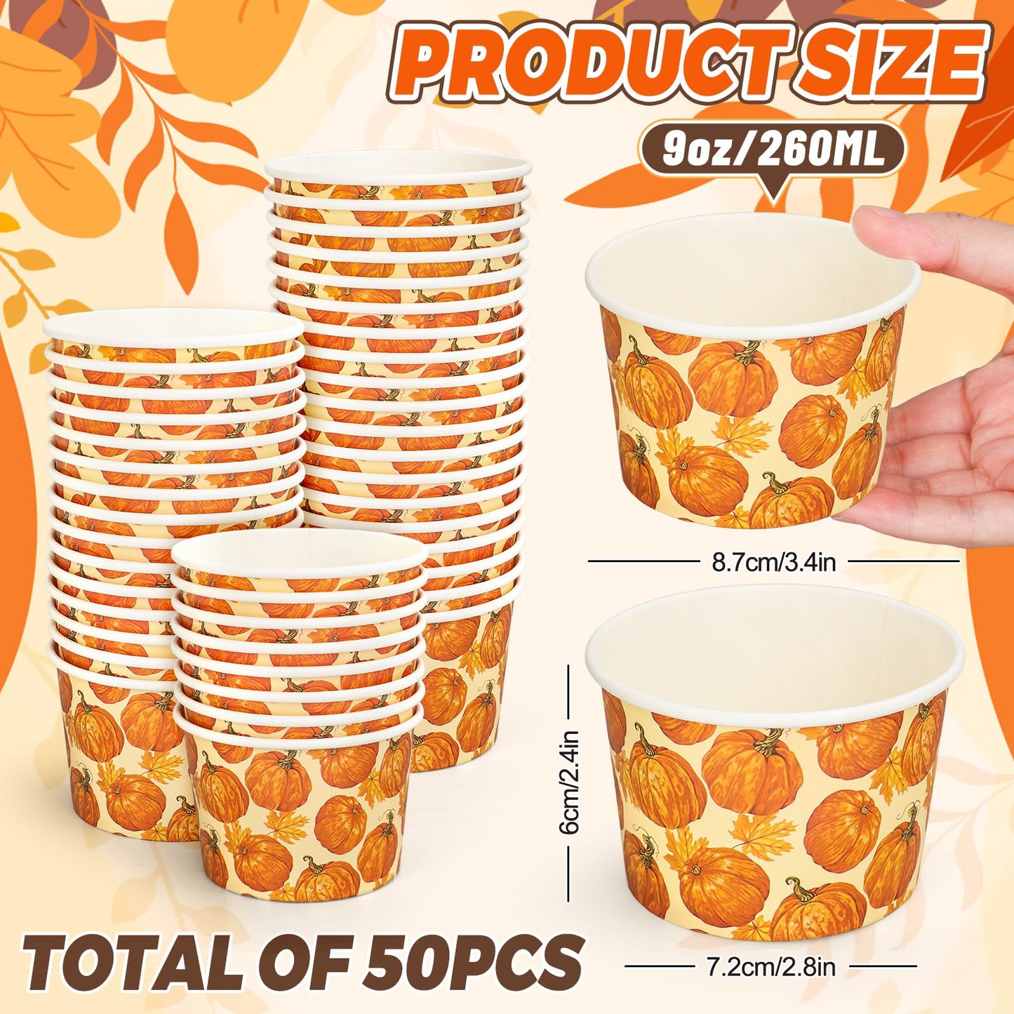 Whaline 50 Pcs Fall Pumpkin Snack Cups Watercolor Pumpkin Maple Leaves Disposable Bowls 9oz Ice Cream Dessert Treat Paper Bowls for Autumn Harvest Thanksgiving Party Food Supplies