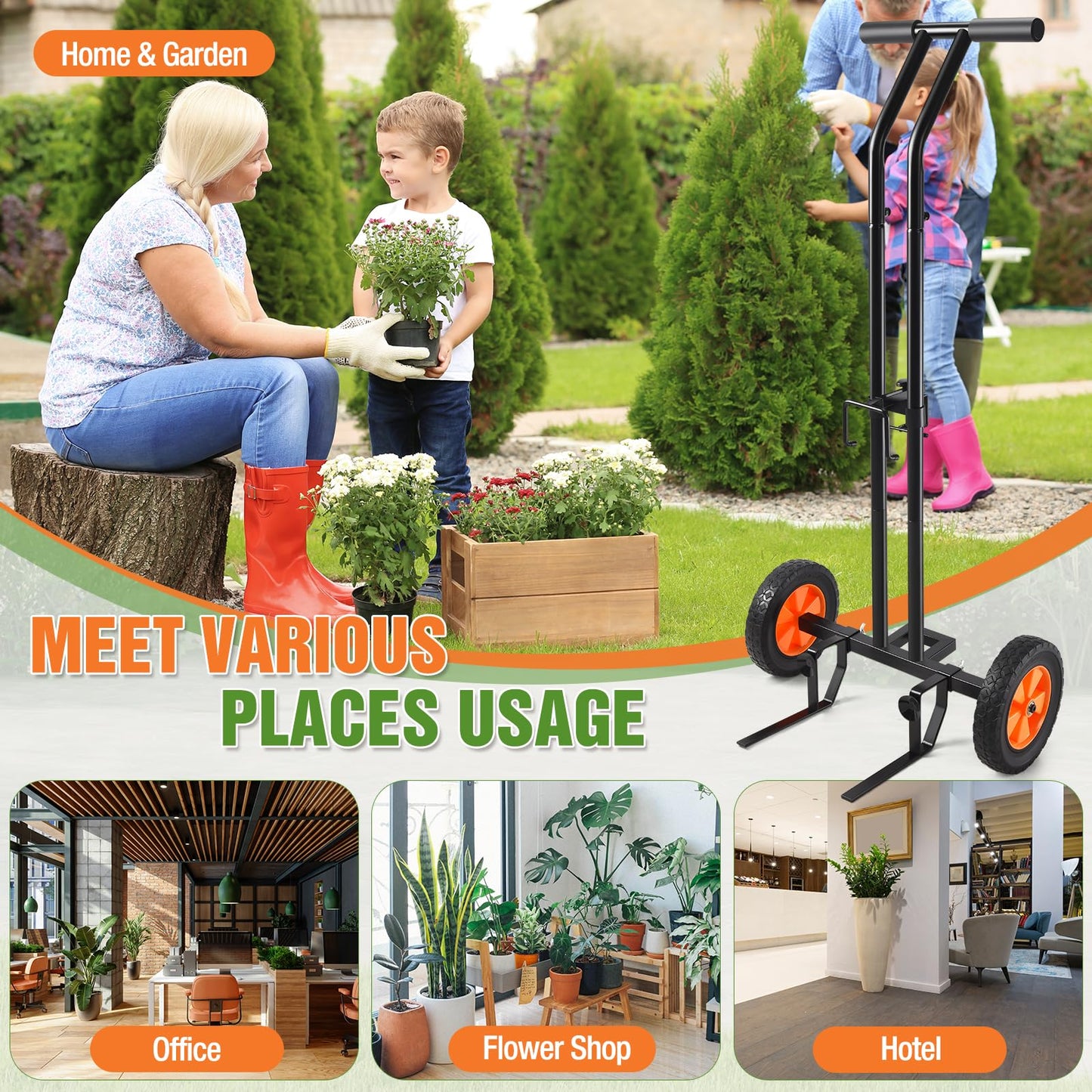 Plant Caddy with Wheels, Heavy Duty Plant Mover Cart with Adjustable Grabbing Arm and Strap, 175 LBS T-Handle Plant Dolly with Suction Cups for Plant Pots Garden Pot Trolley Indoor Outdoor Use, Black