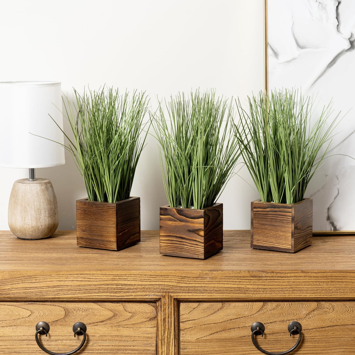 MyGift Artificial Green Grass Plants Trio in Rustic Burnt Solid Wood Planter Boxes, Faux Greenery in Decorative 4 Inch Square Wooden Containers, Set of 3
