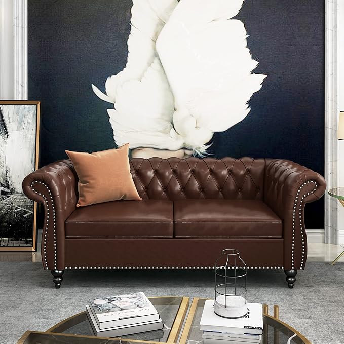 ORRD 2 Piece Living Room Set, Chesterfield Leather Sofa Couch Chair