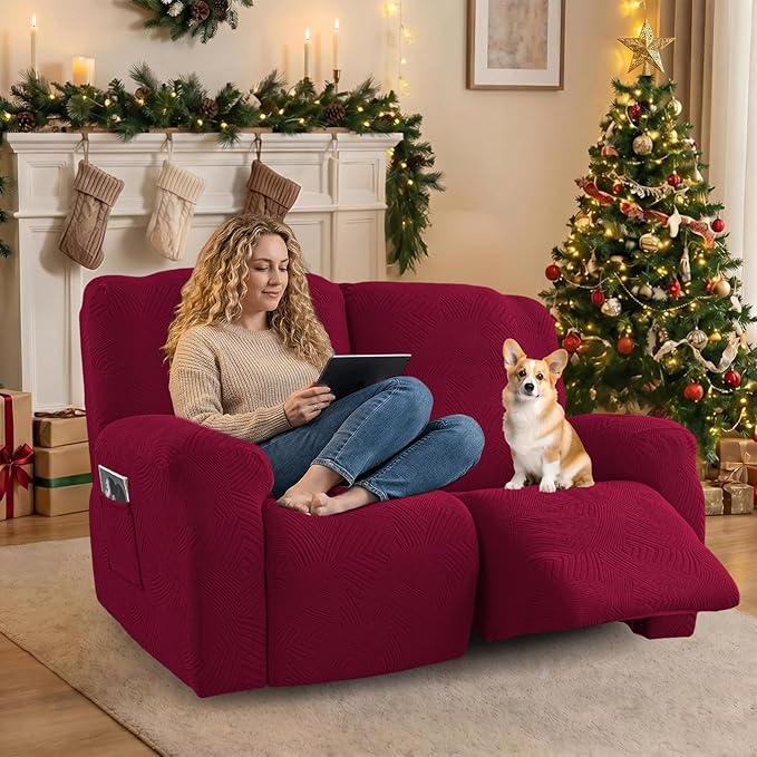 Recliner Loveseat Covers, 4-Piece Stretch Geometric Strokes Jacquard Reclining