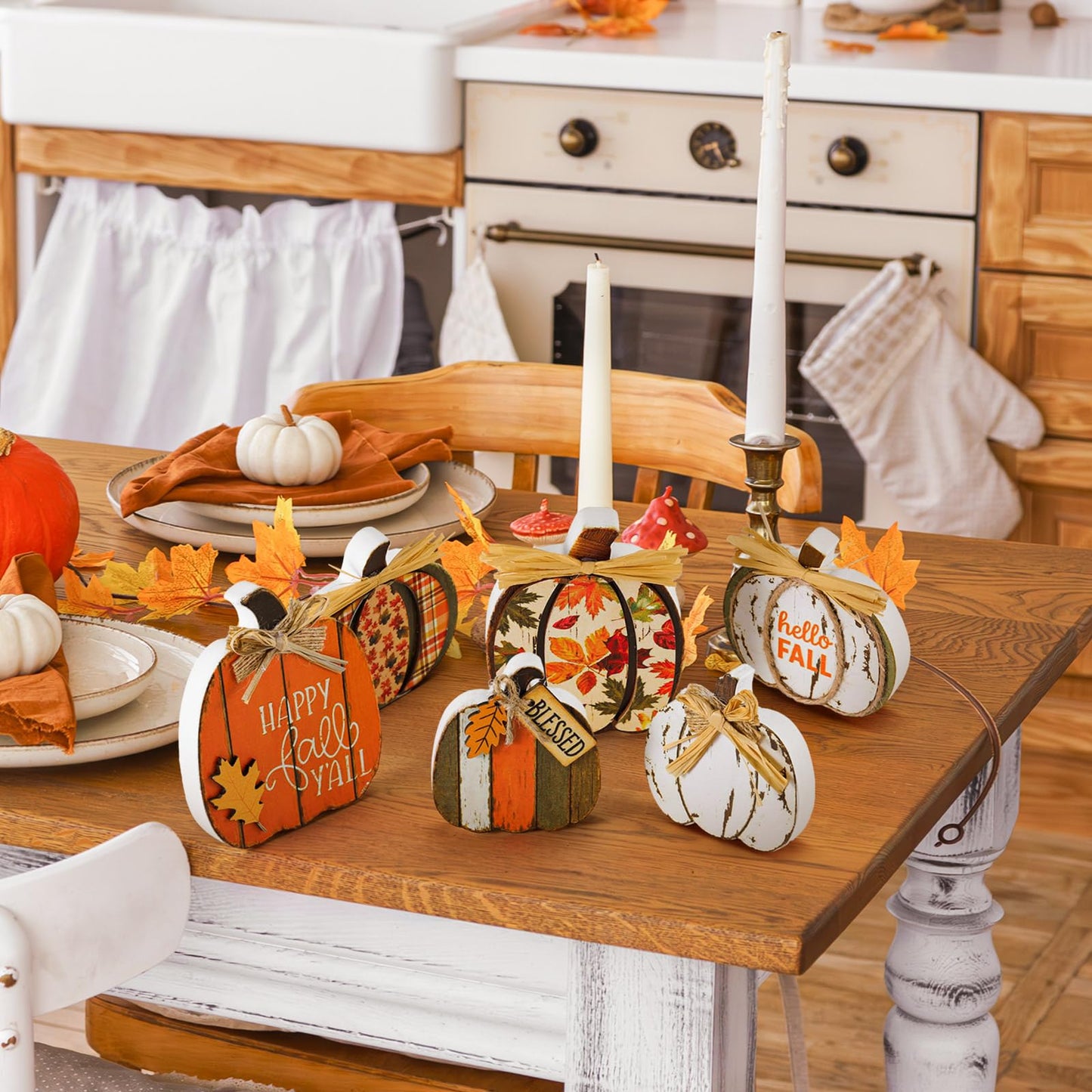 Leinuosen 6 Pcs Fall Pumpkin Decor Wooden Block Sign Fall Tiered Tray Decor for Home Autumn Table Centerpieces Decorations for Thanksgiving Harvest Table Mantel(6 Pcs,Pumpkin)