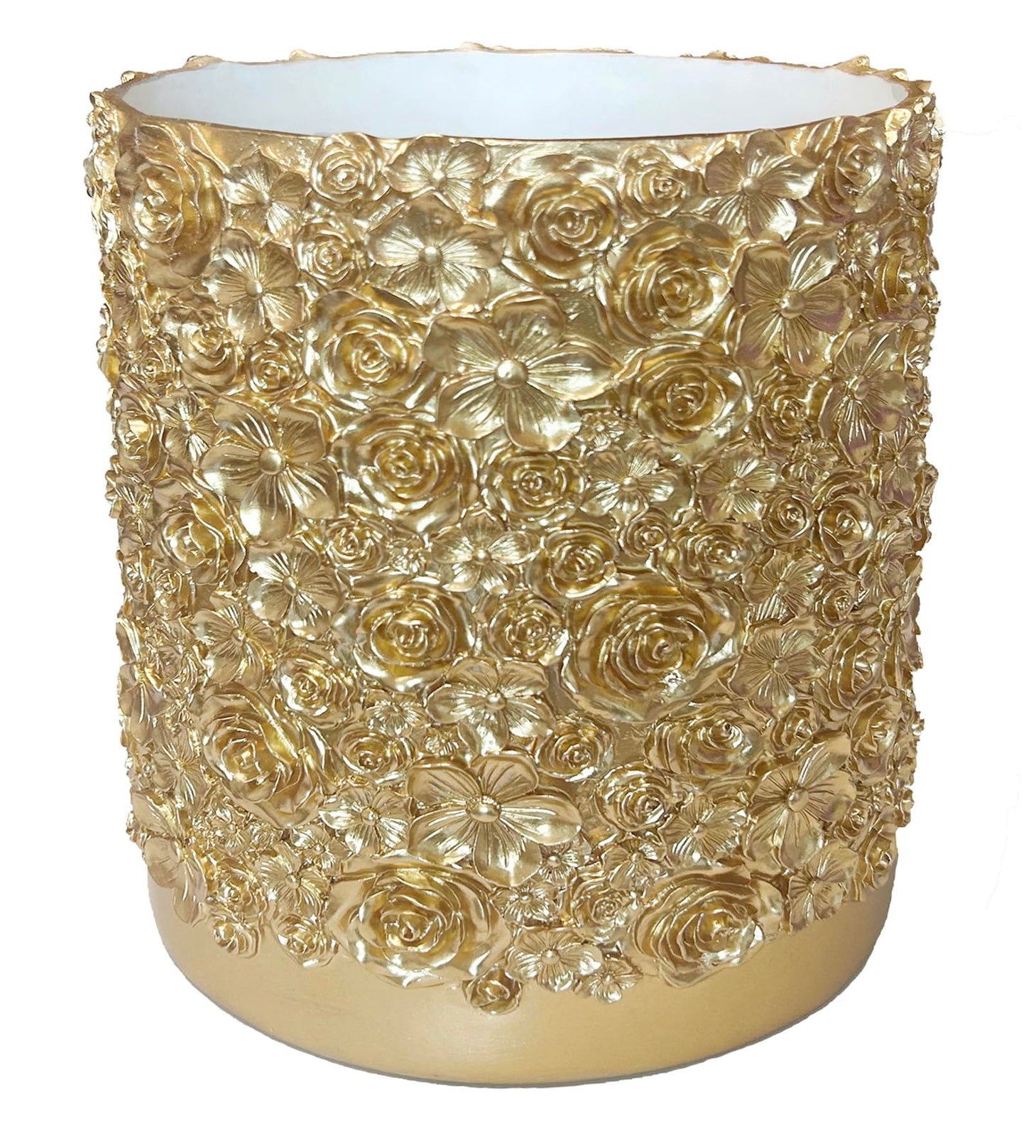 Huitony Decorative Glod Trash Can Elegant Resin Carved Waste Basket 8"x10" Trash Bin Decor Rose Floral Garbage Can for Office Bathroom,Bedroom,Livingroom 8L/2.2Gallon(Gold)
