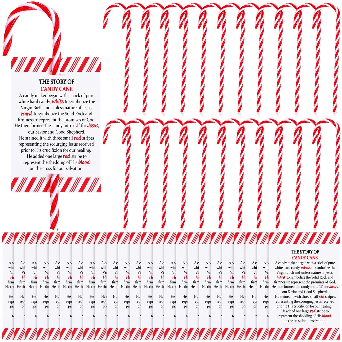 Cinnvoice 24 Sets Christmas Candy Cane Ornament and Candy Cane Meaning Story Cards Plastic Christmas Tree Hanging Ornaments Twisted Red and White Tree Decoration for Xmas Party Supplies