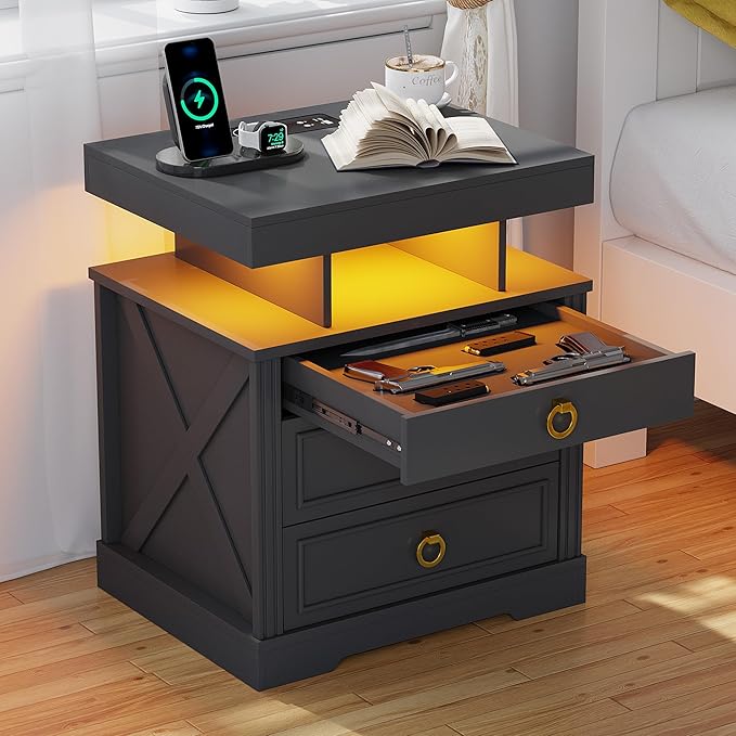 HNEBC Nightstand with Gun Drawers, LED Farmhouse Night Stand with Charging