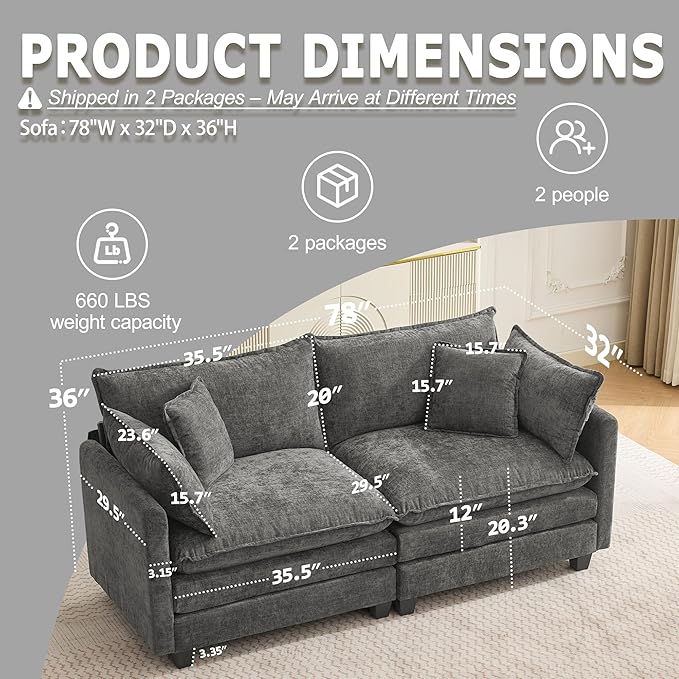 78" Modular Sectional Sofa, Cloud Couch Loveseat Sofa, Deep Seat Washable