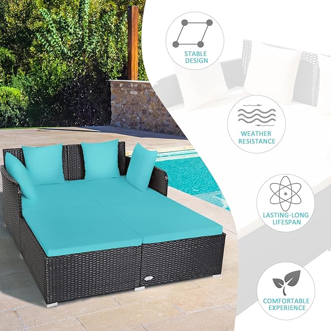 COSTWAY Outdoor Patio Rattan Daybed, Sponge Cushioned Loveseat Sofa