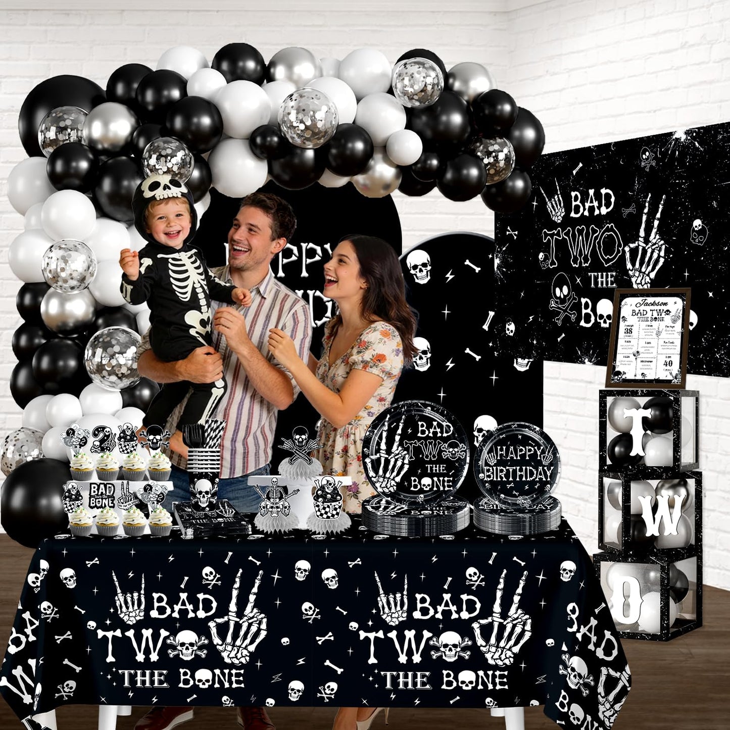 cocomigo Bad Two the Bone Party Decorations Boy for 25 Guests, 292PCS Cute Skeleton-Themed Black White All-in-One 2nd Birthday Decorations, with Balloon Arch Plates Banner Cake Topper & Centerpieces