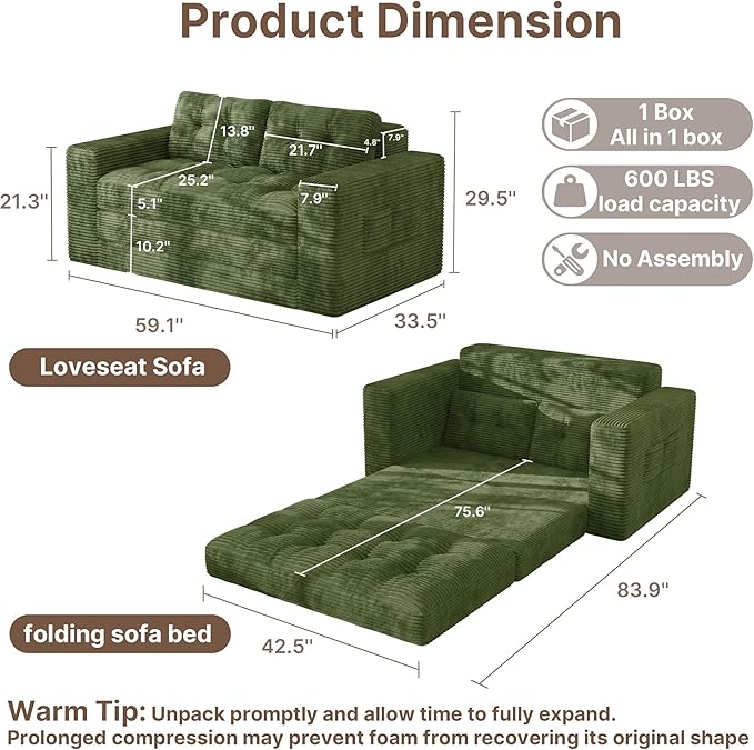 Gizoon Convertible Futon Sofa Bed, Aesthetic Portable Corduroy Sleeper Sofa