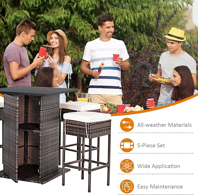 Tangkula 5 Piece Outdoor Rattan Bar Set, Patio Bar Furniture