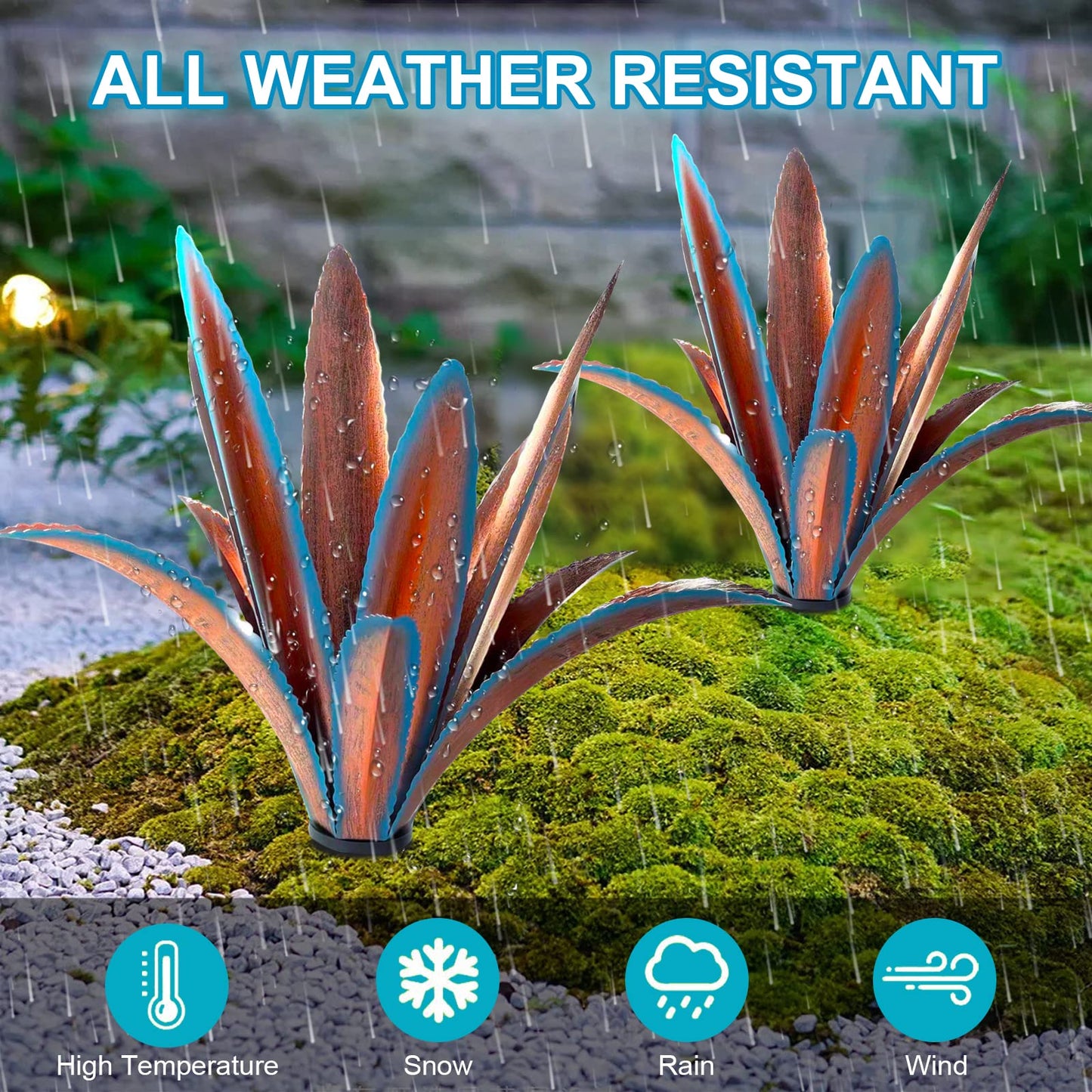 TOMBABY Enlarge Thickened Wind Resistant Iron Agave Metal Plant Country Garden Sculpture Statue Outdoor Decoration Agave Metal Plant Courtyard Garden Lawn Ornament Gift (2, 12 Leaves Blue)