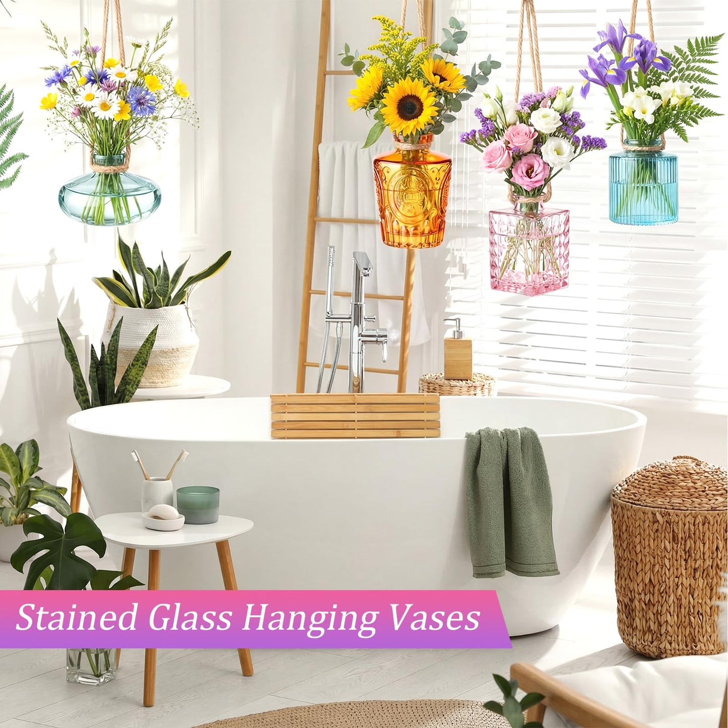 Wonderjune 8 Pcs Stained Glass Hanging Vases Hanging Glass Planters Small Plant Terrarium Pot Containers with Rope for Garden Home Indoor Outdoor Decor, 4 Styles (Classic)