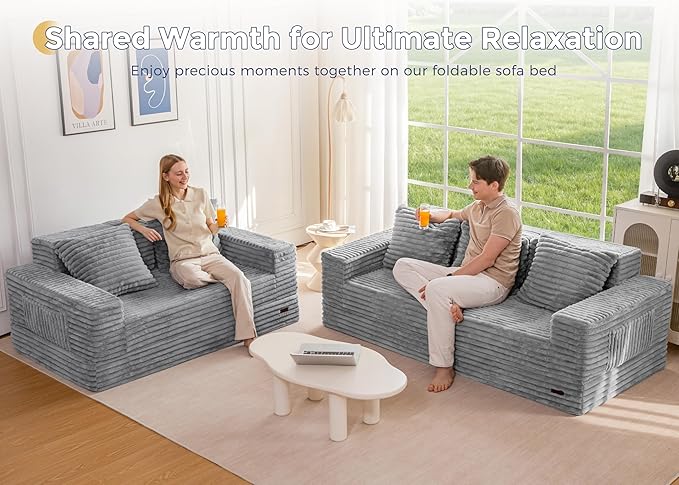 MAXYOYO Loveseat Sofa Bed, Striped Faux Fur Foldable Floor Sofa Couch in A Box