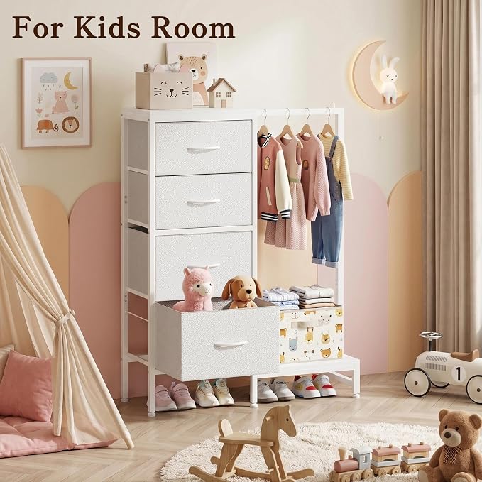 HIGDBFE Tall Dresser 44''H with Hanging Rack, 4 Drawers Small Closet Dresser for Bedroom, Reversible Fabric Chest of Drawers with Clothes Rack, Tall Storage Tower, Sturdy Frame, White