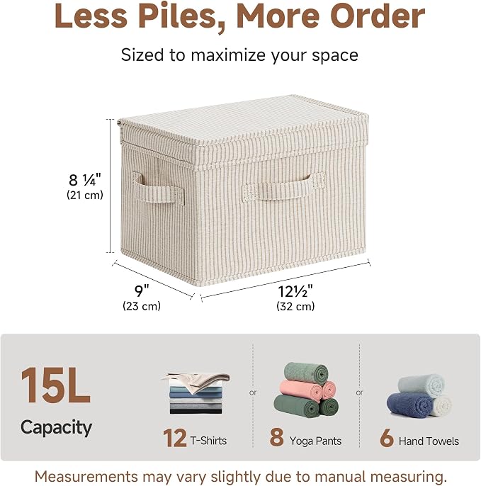 StorageWorks Fabric Storage Bins with Lid, Decorative Storage Boxes for Shelves, Stackable Closet Organizer Basket with Handles, Medium, Khaki and Beige Stripes, 2-Pack