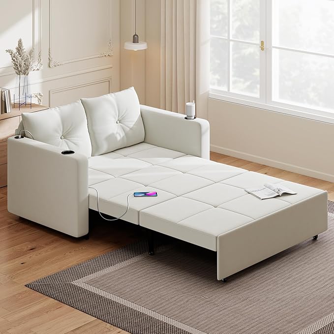 Krcix 3 in 1 Pull Out Couch, 56 Inch Velvet Sofa Bed, Convertible Sleeper Sofa