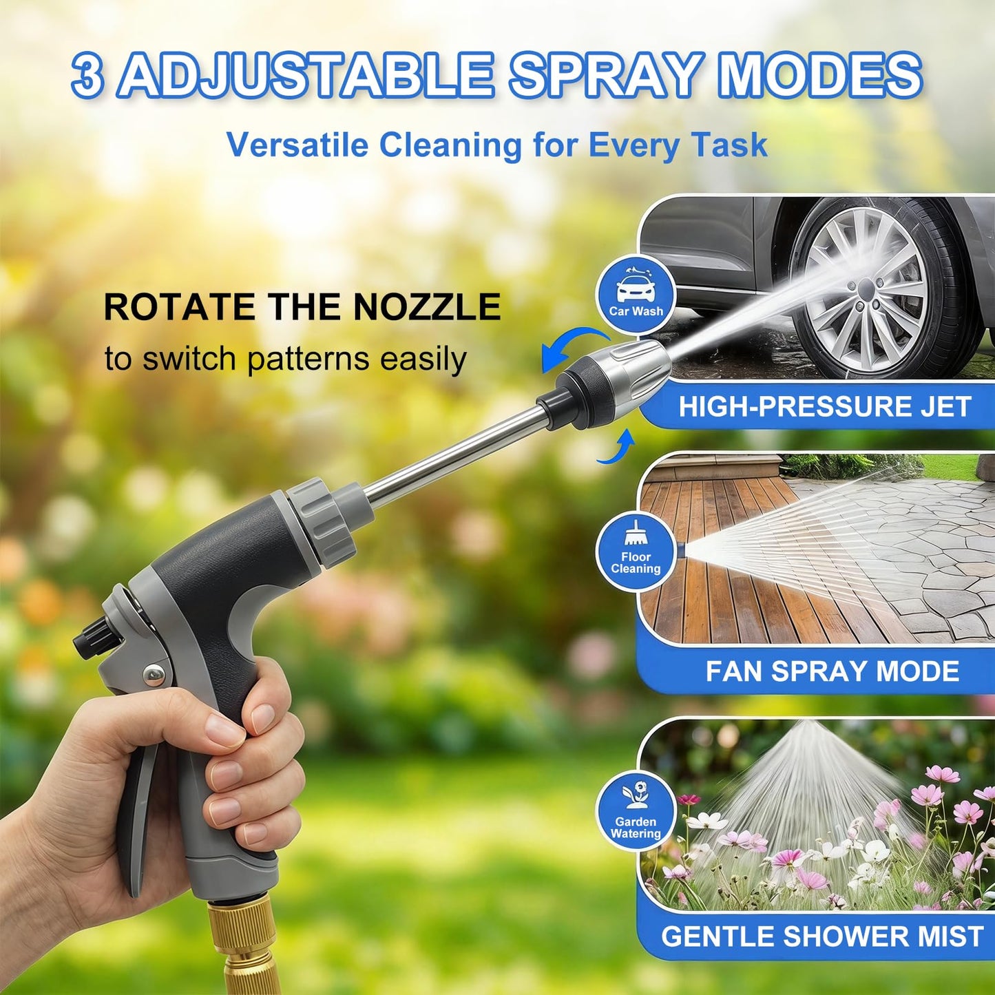 Aquoxis Pressure Washer Gun, High Pressure Jet Hose Nozzle, 3 Spray Modes Handheld Pressure Washer Nozzle for 3/4" Garden Hose, Watering Sprayer for Cleaning Yard Patio Car Pets, Easy to Install (A)