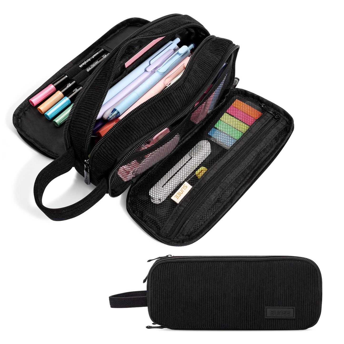 SUNEE Large Capacity Pencil Case with 3 Compartment, Extra Big Pencil Pouch, Pencil Bag with Zipper, Cute Stationery Organizer, Soft Corduroy Pen Box School Supplies for Student Girls Boys, Jet Black