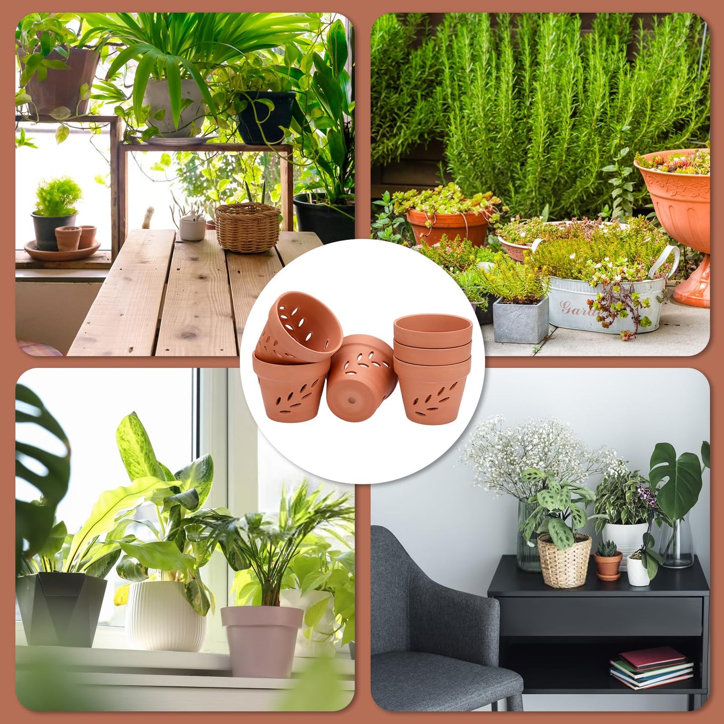 JUXYES 6 Pack Small Terracotta Orchid Pots with Holes and Saucers, Clay Orchid Planter Pots for Repotting, Plant Flower Pots for Orchid Indoor and Outdoor Promotes Air Circulation, 4 Inches