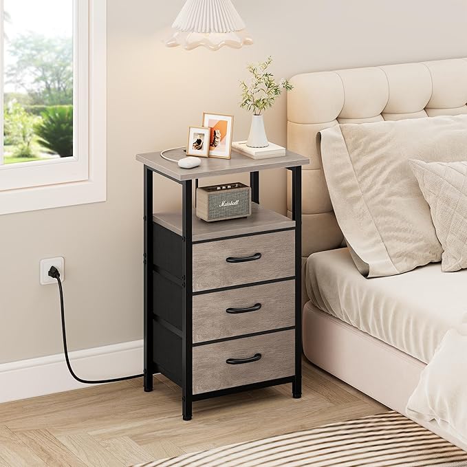 Vagusicc Nightstand with Charging Station, Bedside Table with USB Ports and