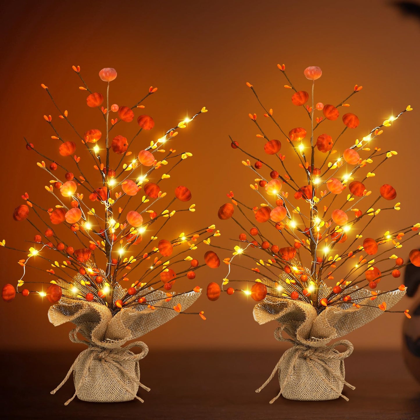 Ganeen 2 Pcs Thanksgiving Lighted Fall Tree Tabletop Decor LED 18 Inch Light up Fall Mini Tree Table Centerpiece Autumn Pumpkin Berry Harvest Decorations Rustic Burlap Base for Home Office Desk Decor
