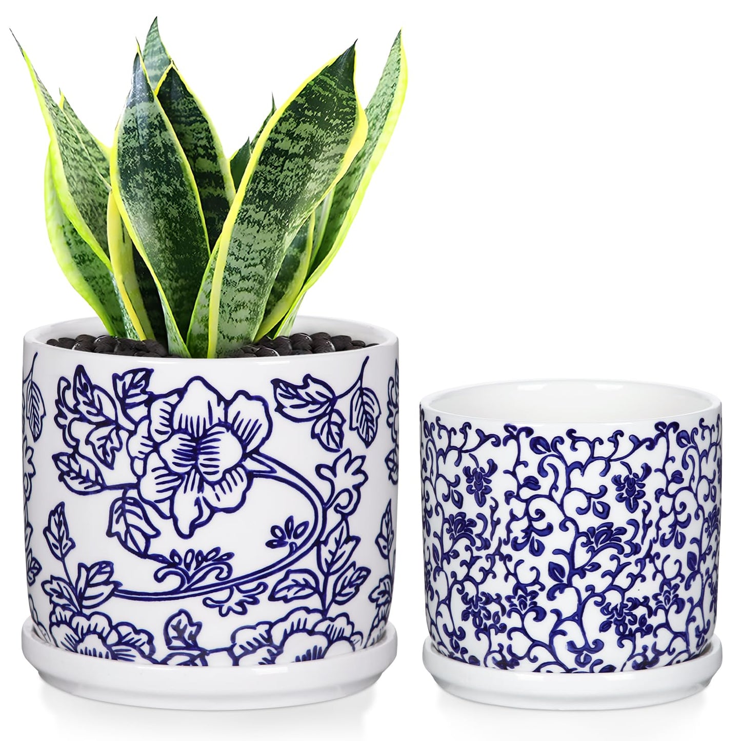 Set of 2 Blue and White Ceramic Plant Pots with Drainage Hole and Saucers, Retro Blue Porcelain Vase Round Planters for Succulent Cactus Indoor Outdoor Garden Home Desktop Decor, 4.5+5.5 Inch