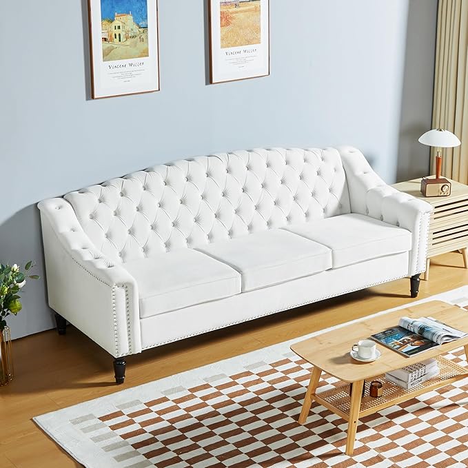 LEVNARY Mid-Century Modern Velvet Sofa, Chesterfield Couch Sleeper Settee