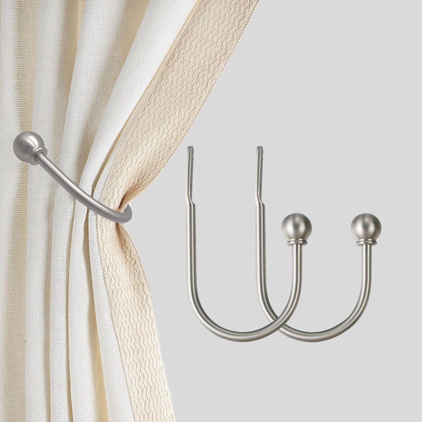 ARNORX Curtain Holdbacks Hooks Solid Steel Hooks Decorative French Ball End Curtain Drapery Tiebacks Heavy Duty, 2 PCs, Nickel Brushed