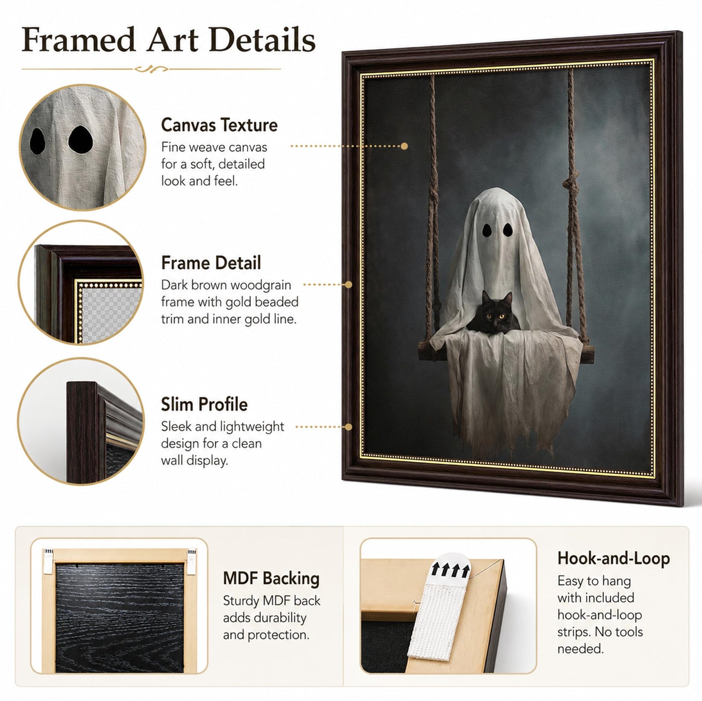 Vbaourut Framed Halloween Black Cat Wall Art, Moody Ghost on Swing Canvas Painting, Spooky Feline Poster with Dark Brown Frame and Upgraded Hook and Loop for bedroom，Study, 9x11 in