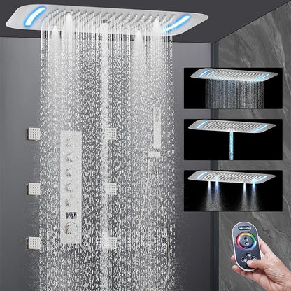 AYIVG Brushed Nickel Thermostatic Rainfall Shower System 16 x 26 Inch Temperature Display Shower Faucet System with Body Jets Smart Ceiling Mount Multi Function 64 Color LED Rainfal Shower Set