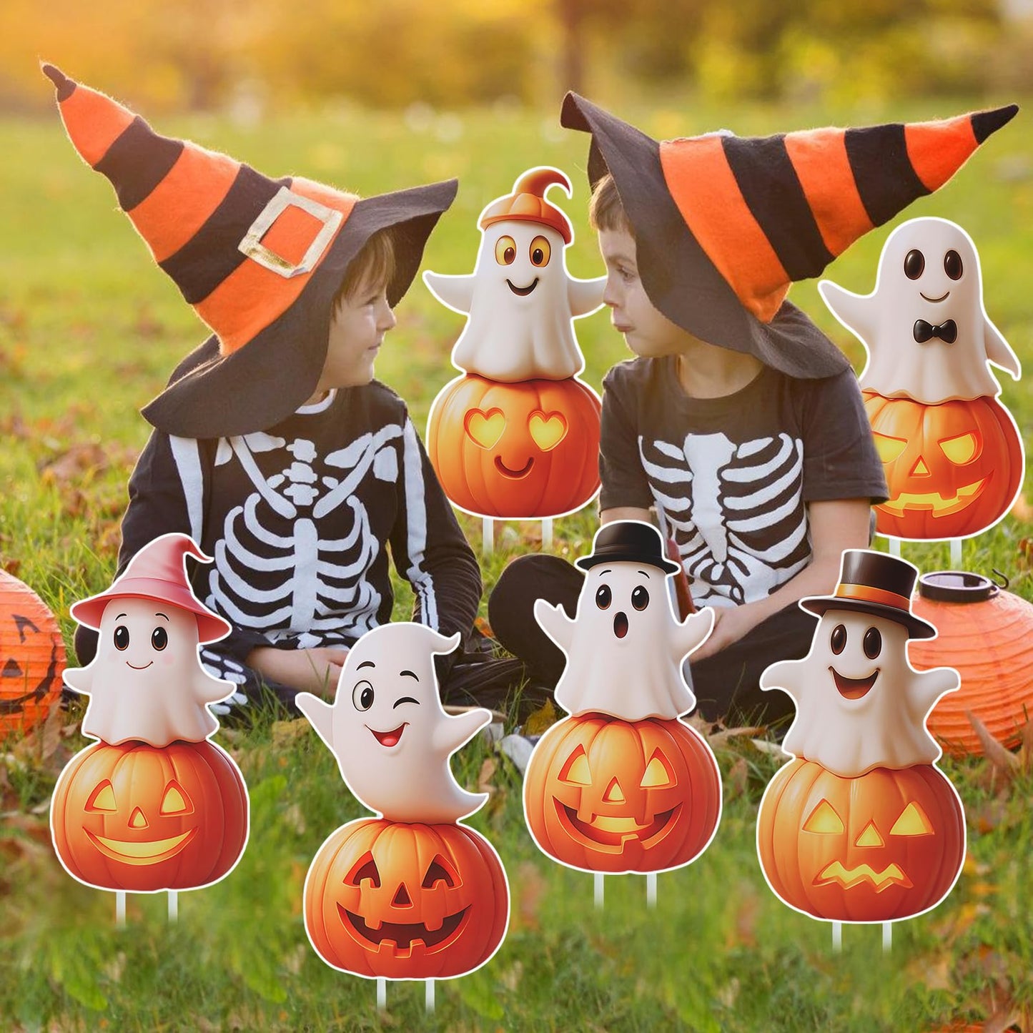 Outdoor Halloween Yard Signs, 6 PCS Cute Pumpkin Ghost Halloween Yard Stakes Kids Friendly for Lawn Garden Outside Home Decor