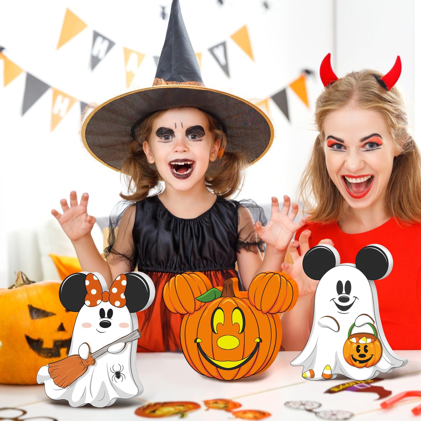 Halloween 3D Mouse Shaped Wooden Table Decor，3 Pcs Cute Pumpkin Witch Ghost Spider Wooden Tiered Tray Decor，wood Centerpiece Tabletop Ornament for Holiday Tiered Tray Halloween Party Decoration