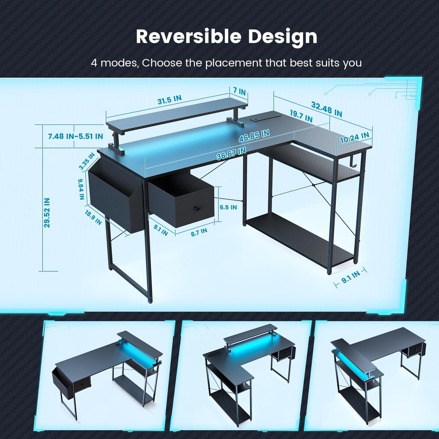 DOMICON Gaming Desk, 47 inch L Shaped Gaming Desk, Computer Desk with LED Lights & Adjustable Stand, Power Outlets, Storage Drawer, Reversible with Shelves, Hook, Black Carbon Fiber