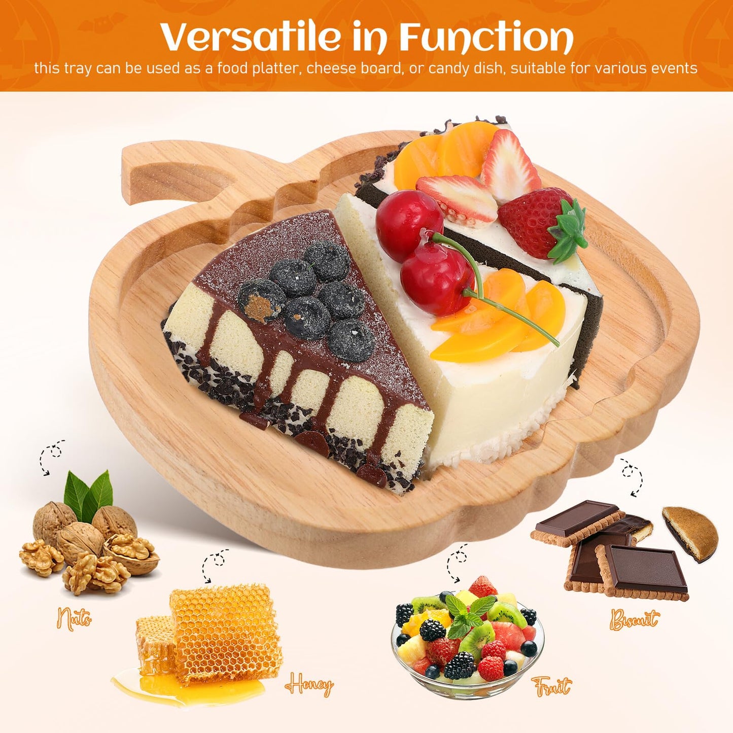 MAGICLULU Pumpkin Snack Plate Wooden Serving Platter Multipurpose Snack Container for Halloween Household Tea and Breakfast Storage Tray