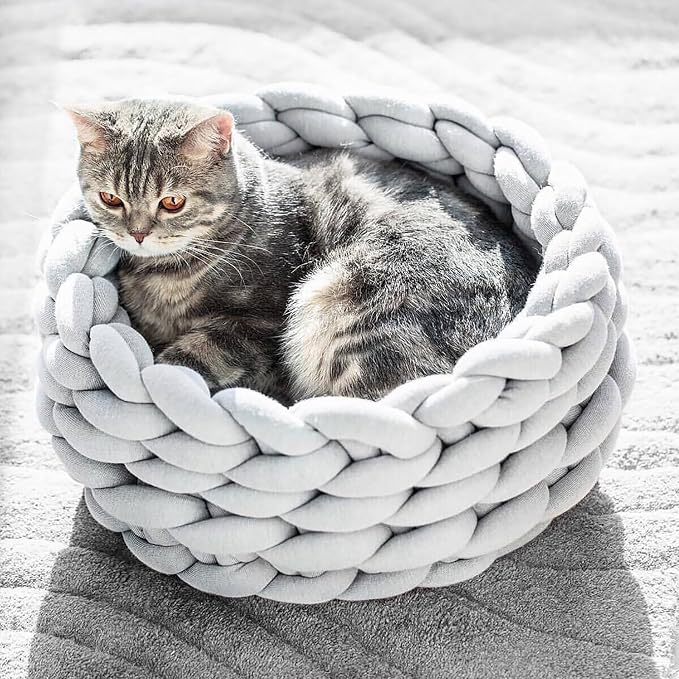Woven Dog Bed Basket, Knitted Cotton Cat Bed Round Washable Woven Cat Pet Bed Chunky Dog Basket, Orthopedic, Chunky Knit Dog Nest,Dog Bed,Dog Cave,Dog Bedding(Gray,23")