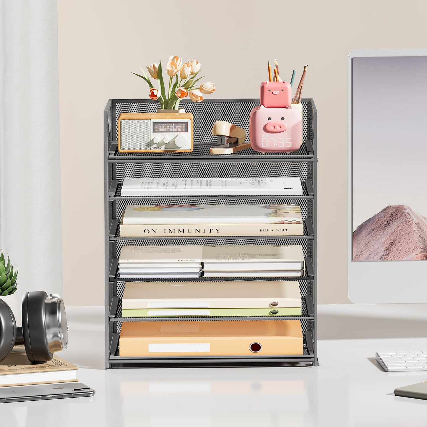 Subekyu 6-Tier Desk Paper Organizer, Desktop File Letter Tray with Handle, Document Sorter and Accessories Holder for Office, Home and School Workspace Organizers, Gray-2 Pack