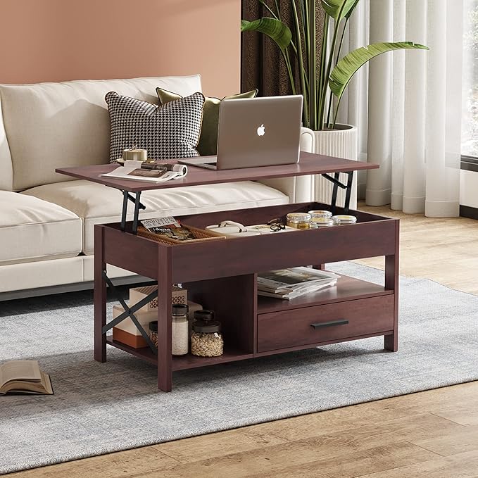 WLIVE Lift Top Coffee Table, Hidden Compartment, Wooden Lift Tabletop Center