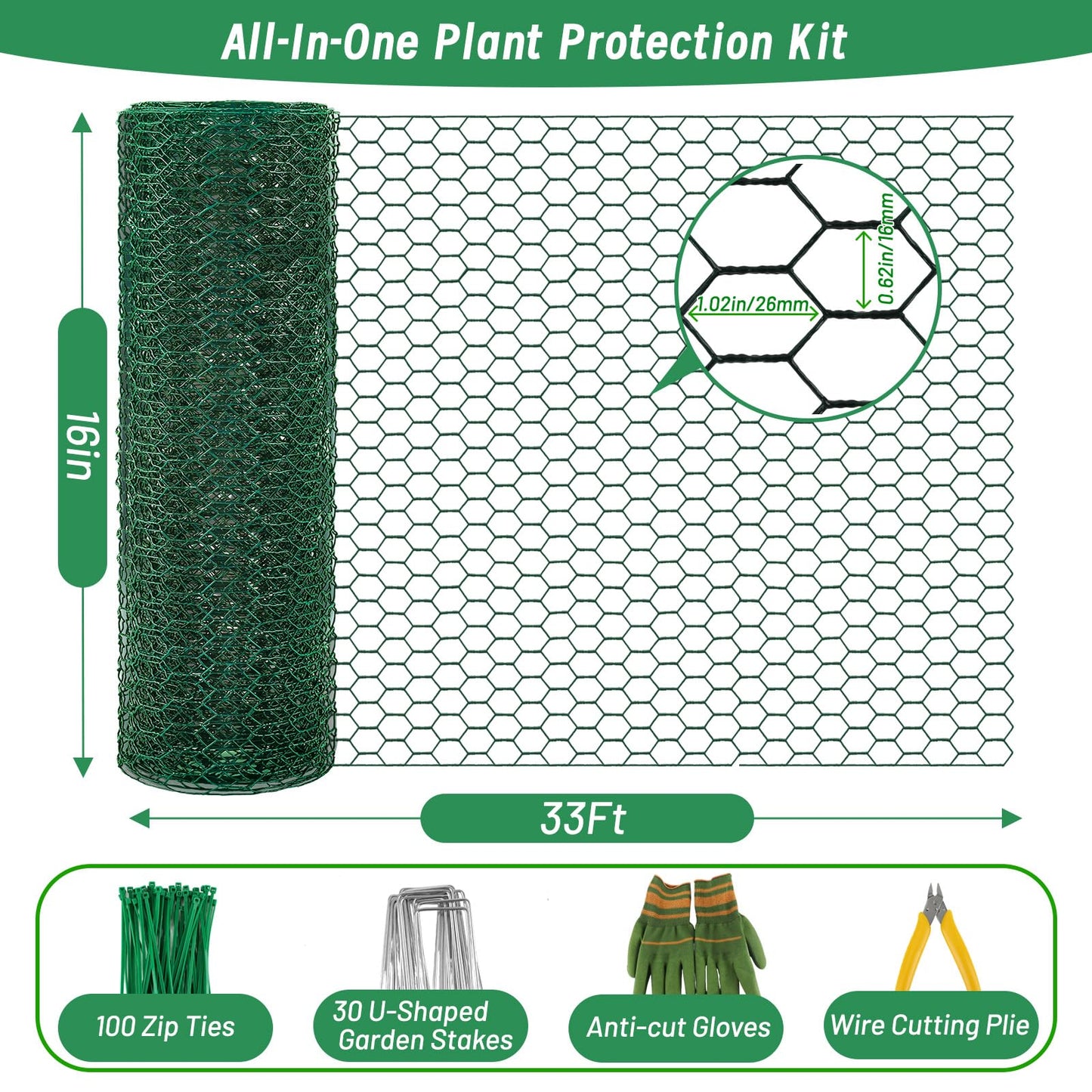 Convivium Plant Protectors from Animals, 0.8mm Free-Cut Green Chicken Wire Mesh, PVC Coated Tree Trunk Guard & Garden Fence for Outdoor Plants with Zip Ties, Stakes, Pliers, Gloves（33Ft*16In）