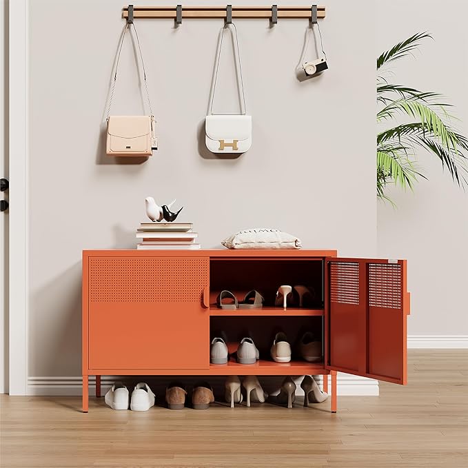 Orange Metal Storage Cabinet, 2 Door TV Stand, Metal Mesh Accent Cabinet