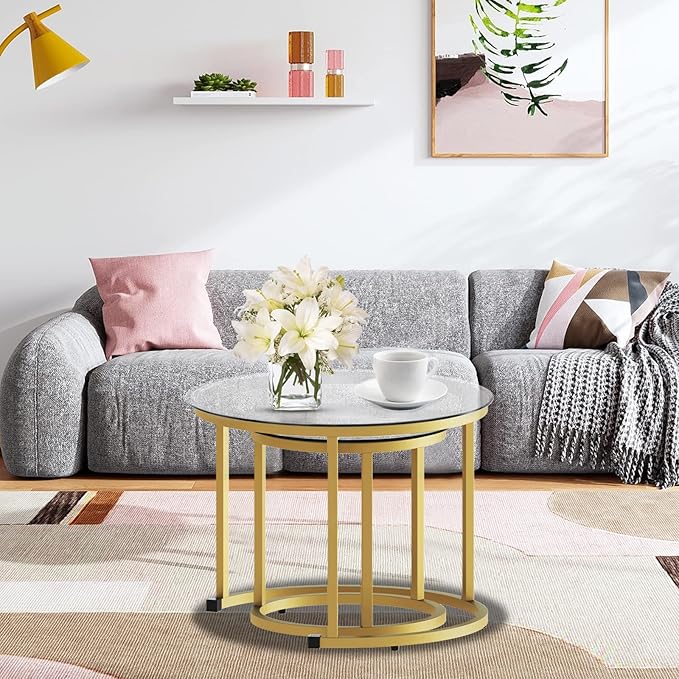 aboxoo Gold Nesting Coffee Table Set of 2, Small Glass Round Nesting Tables